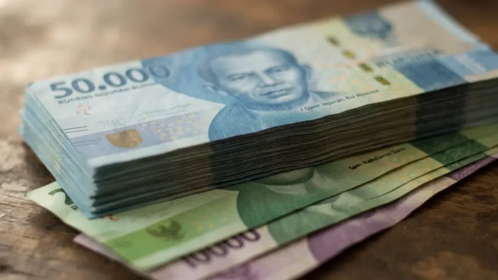 Tumpukan uang kertas rupiah sebagai ilustrasi saldo awal Rp50.000 dari kebijakan integrasi KTP dan rekening bank otomatis.